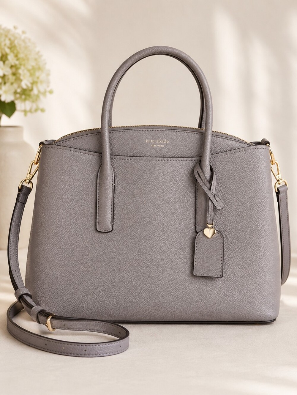 Kate Spade Gray Pebbled Leather Crossbody Satchel Gold Hardware Like New